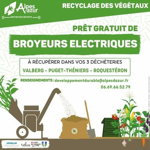 Alpes d'Azur lance le prêt gratuit de broyeurs électriques pour vous permettre de revaloriser vos déchets verts Alpes d'Azur lance le prêt gratuit de broyeurs électriques pour vous permettre de revaloriser vos déchets verts